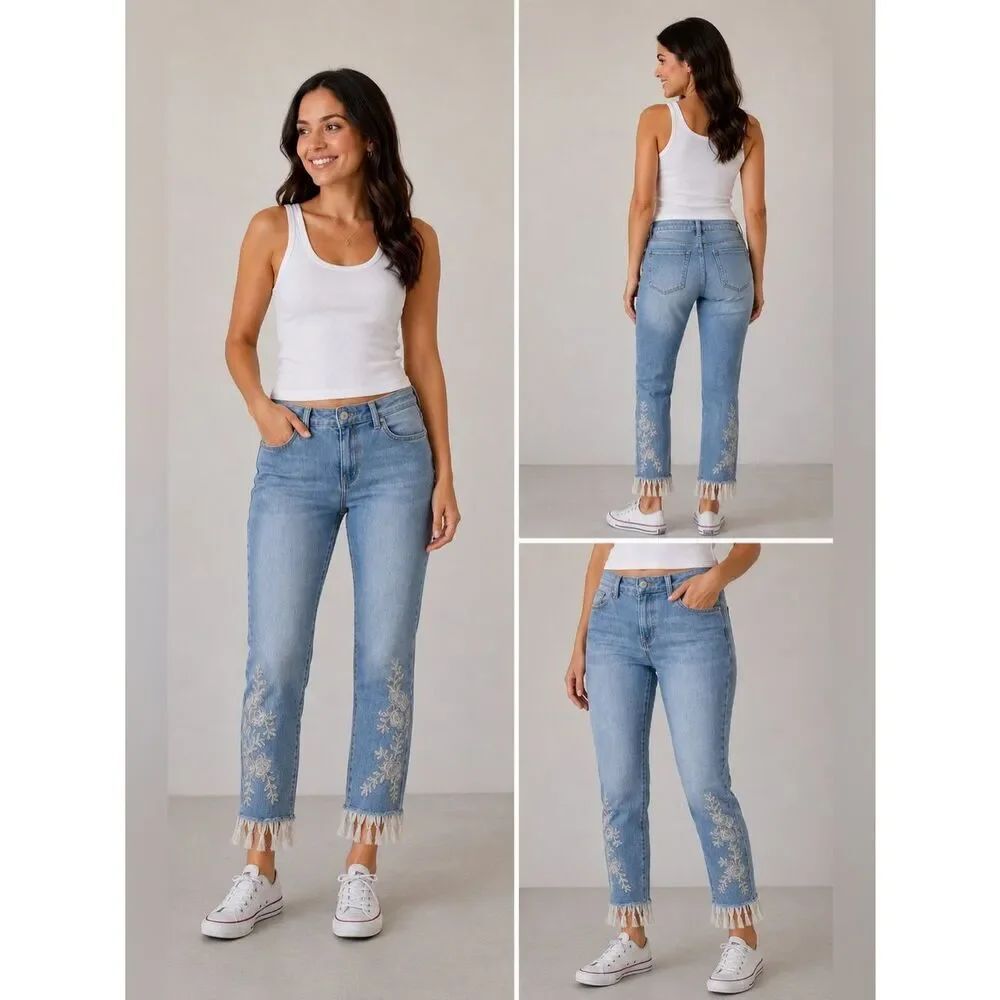 Tribal Jeans Women’s White Embroidered Tassel Crop Jeans Skinny Size 10
